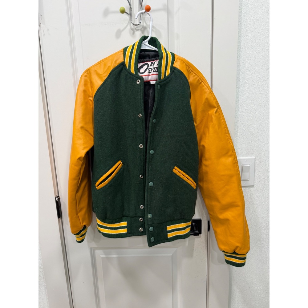 Omni Sports Mens Green Yellow Varsity Letterman Jacket Snap Front Small